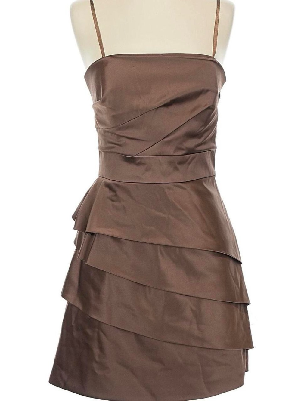 BCBG Brown Satin Tiered Spaghetti Strap Mini Dress